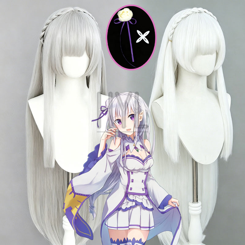 Re Zero Rem Wig - Anime Re:Zero Emilia Cosplay-Perücke, silberweiß, lang,
